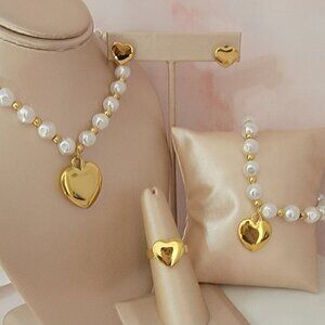 💖18K Gold Plated White Heart Pearl Necklaces 4 pcs Jewelry Set